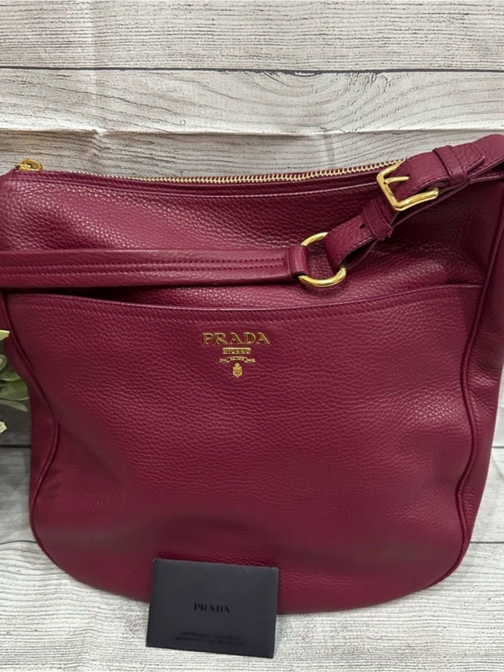 Prada Burgundy Leather Shoulder Bag with Gold Hardware